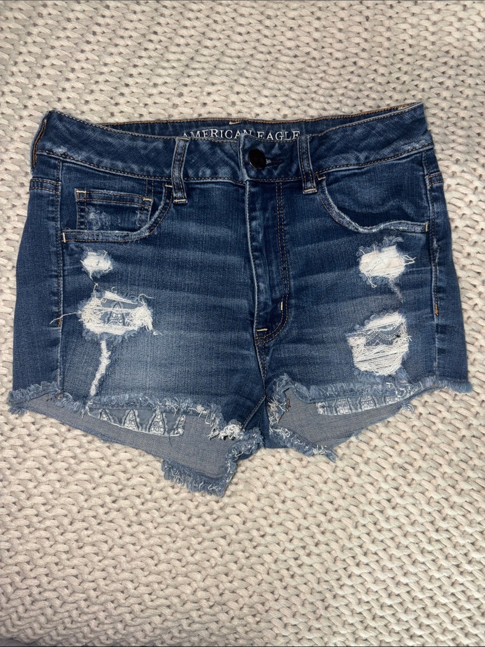 American Eagle Outfitters - Distressed Dark Wash Denim Shorts Lace Pocket Detail